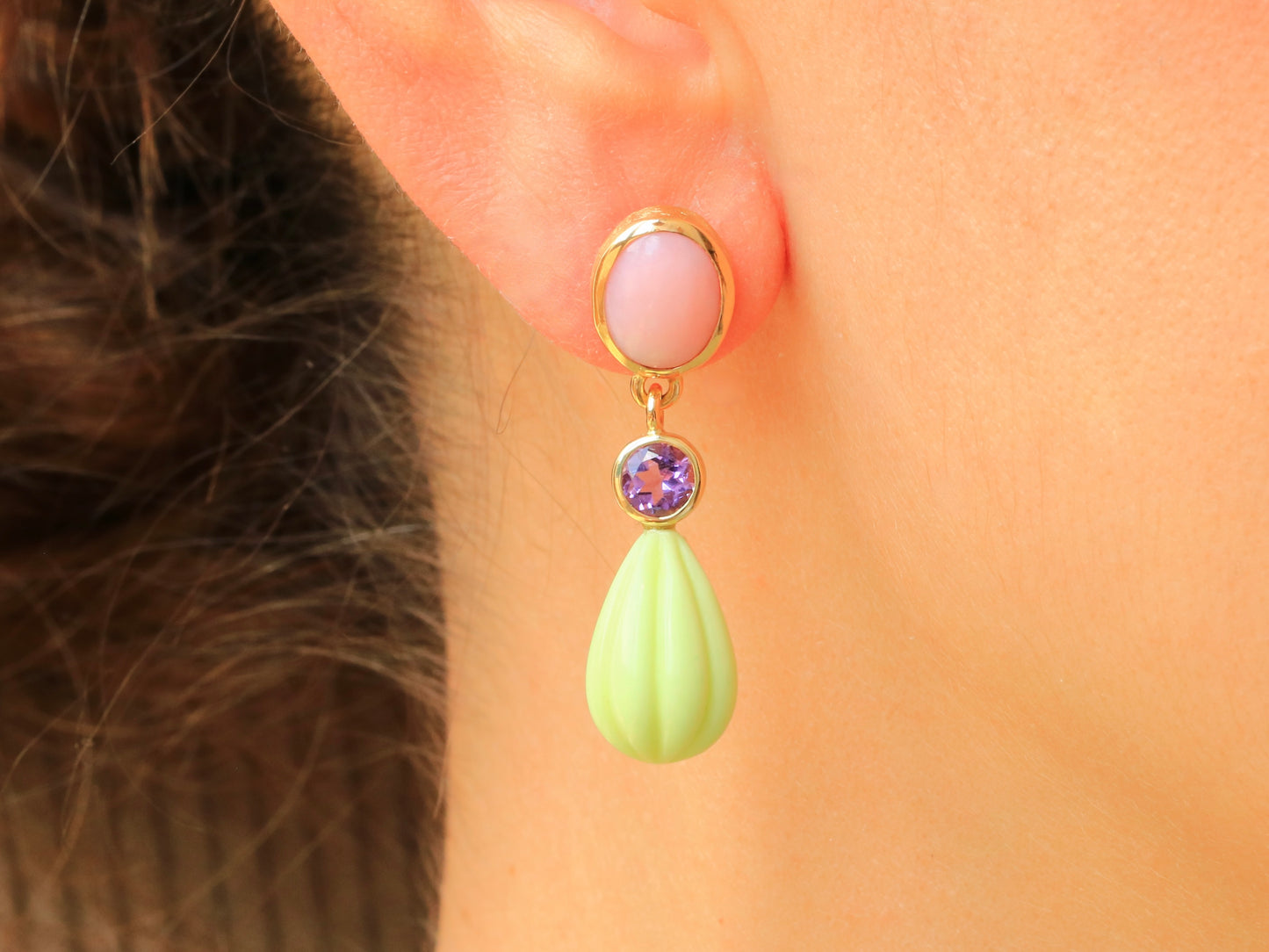 Ohrstecker aus 18kt Gelbgold mit Rosa Opal, Amethyst und Zitronen-Chrysopras (Kopie)