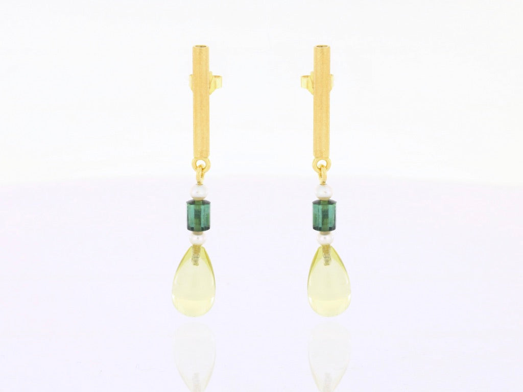 Ohrstecker aus 18kt Gelbgold mit Turmalin, Perlen & Lemoncitrin