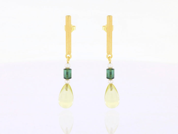 Ohrstecker aus 18kt Gelbgold mit Turmalin, Perlen & Lemoncitrin
