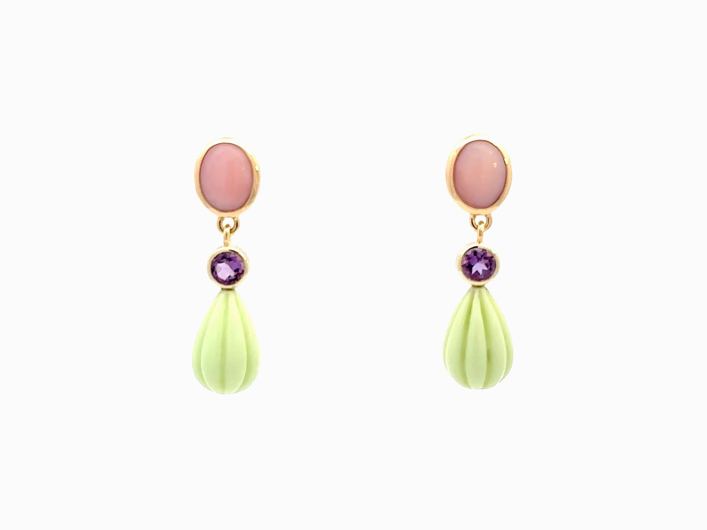 Ohrstecker aus 18kt Gelbgold mit Rosa Opal, Amethyst und Zitronen-Chrysopras