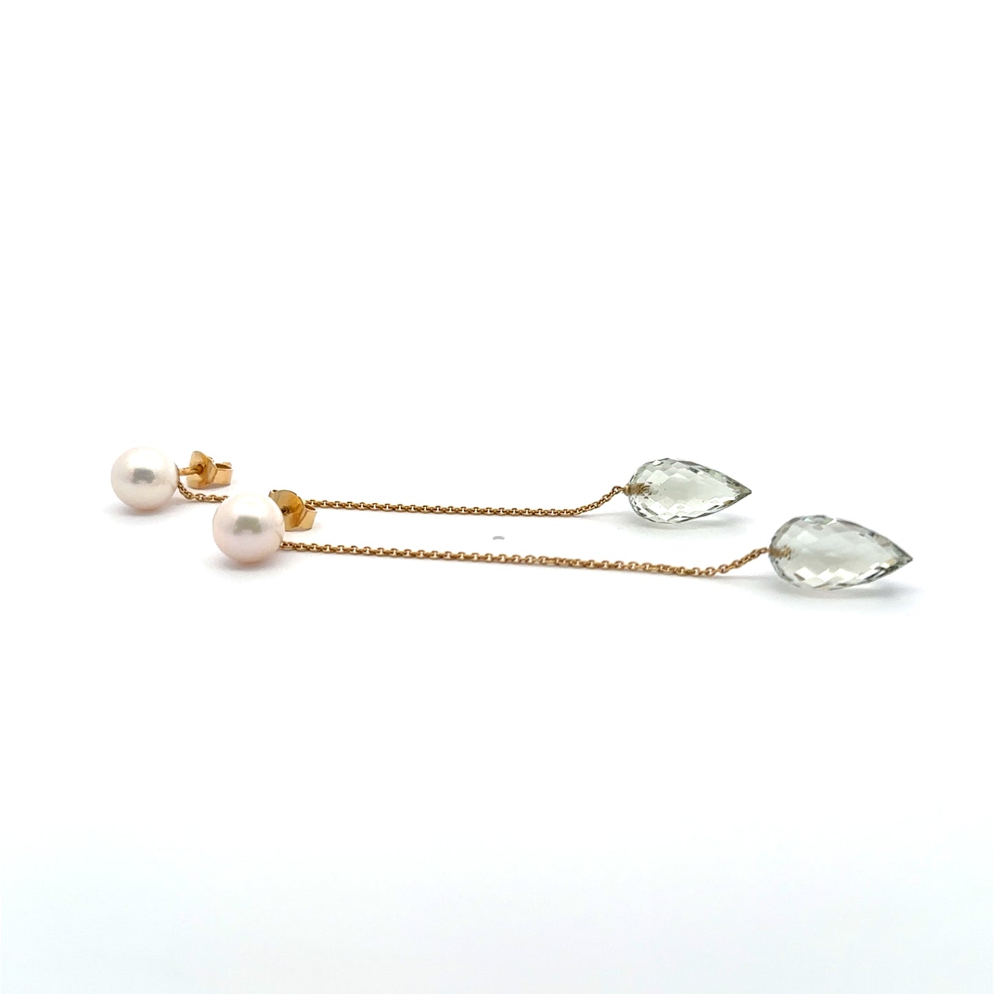 Ohrhänger aus 18kt Gelbgold mit Süßwasserperlen und Prasiolith