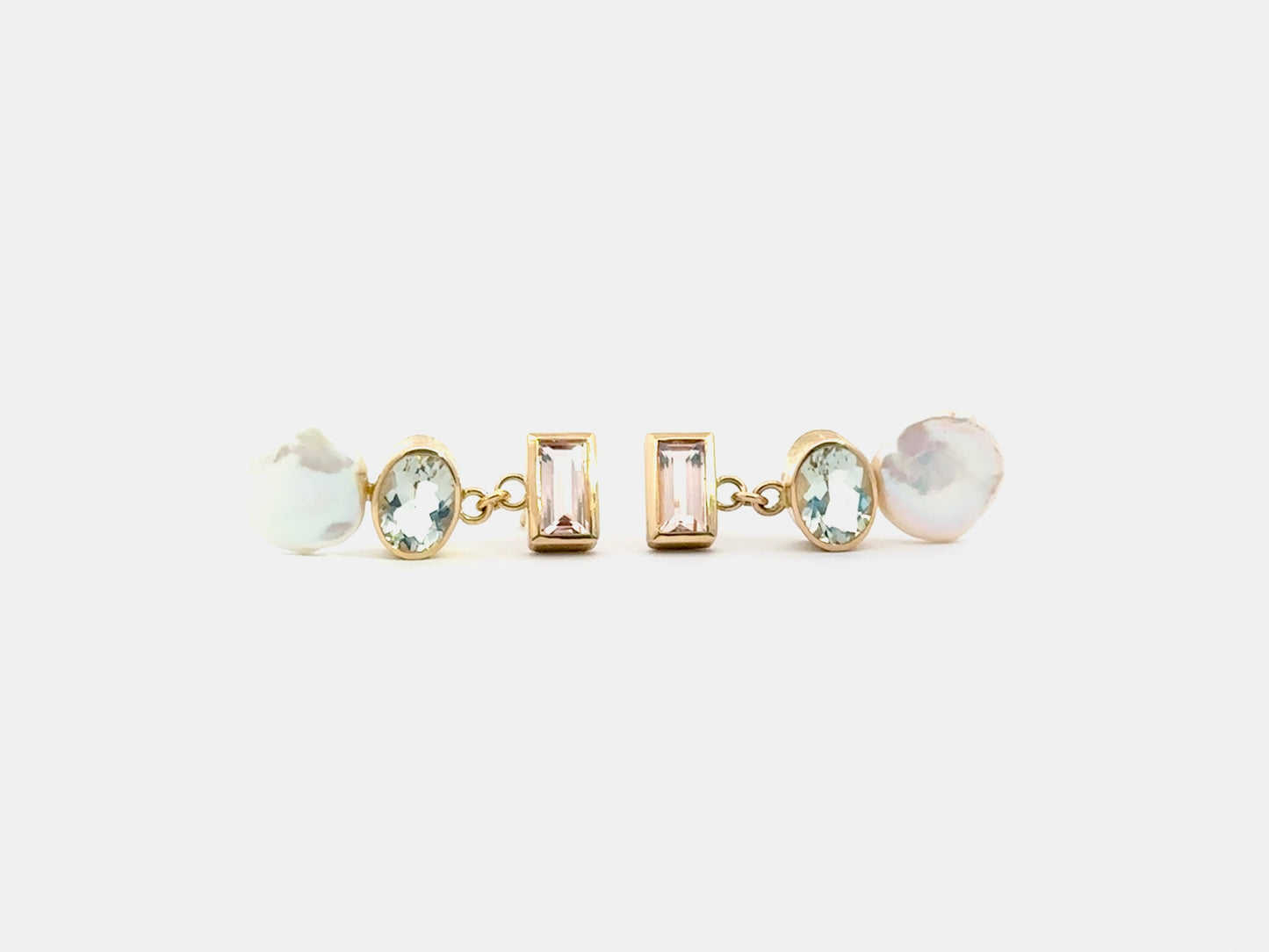 Ohrstecker mit Morganit, Prasiolith; Keshi Perle – 18kt Gelbgold