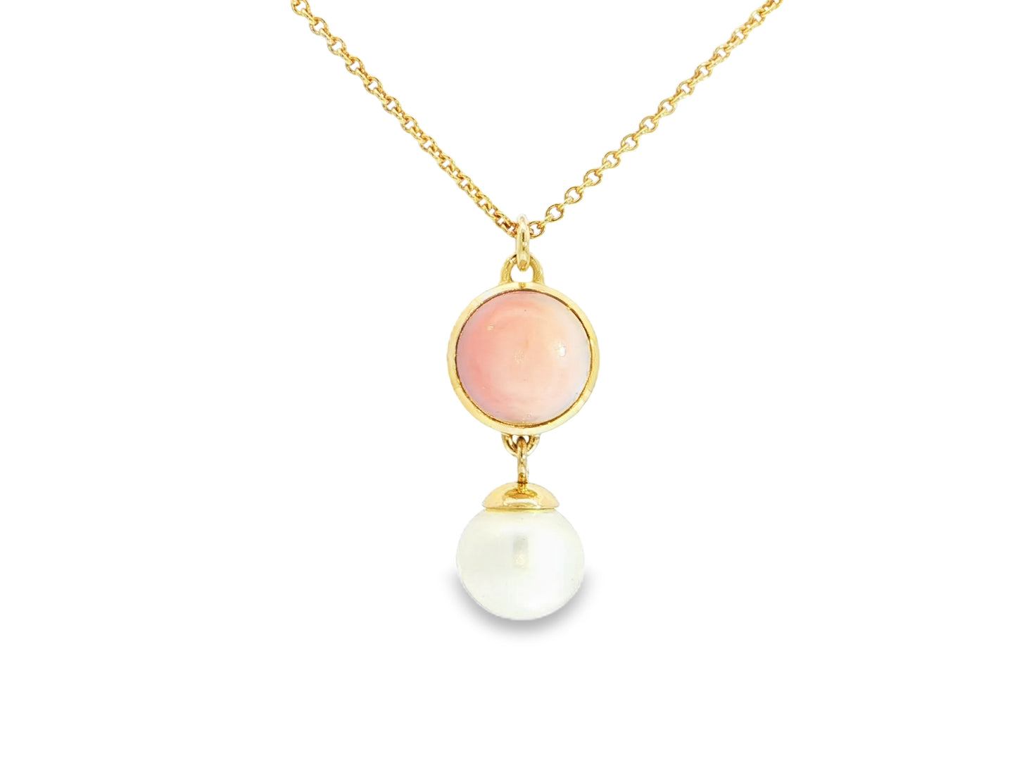 Anhänger mit Pinkopal und Süßwasserperle – 18kt Gelbgold
