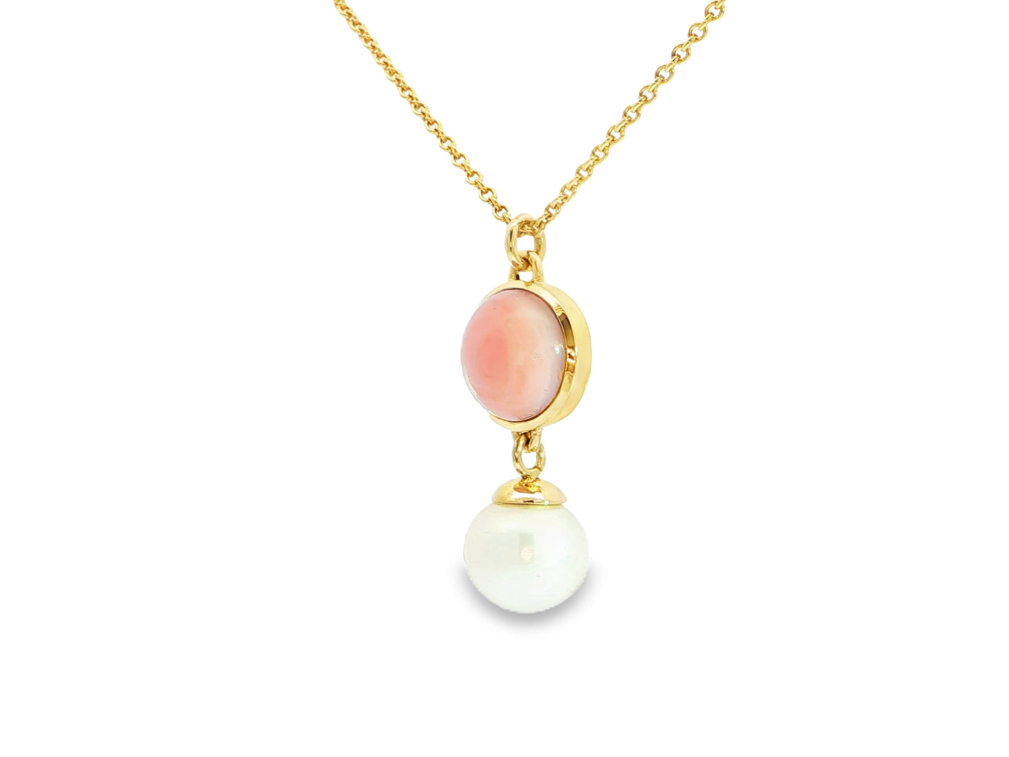 Anhänger mit Pinkopal und Süßwasserperle – 18kt Gelbgold