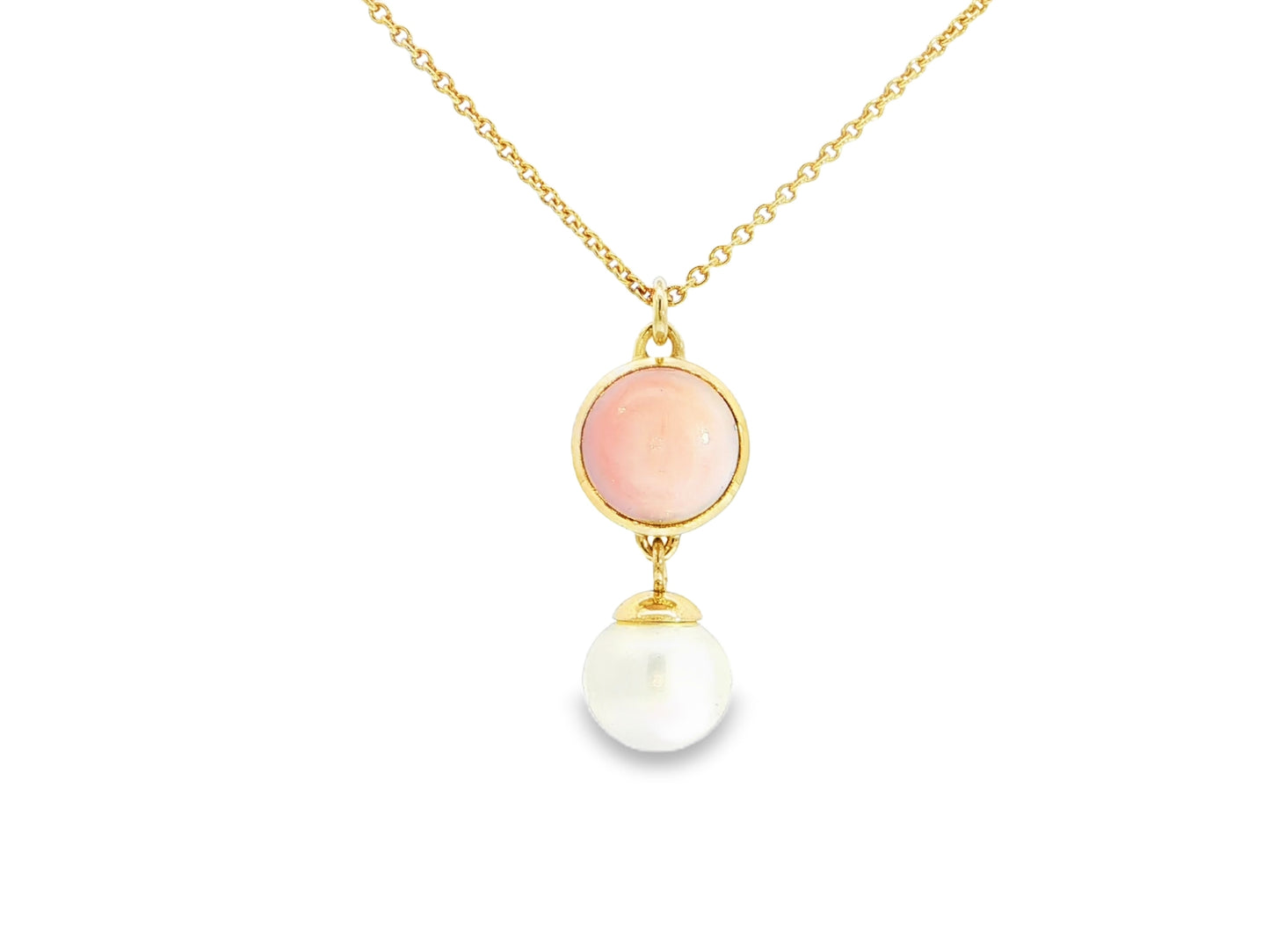 Anhänger mit Pinkopal und Süßwasserperle – 18kt Gelbgold