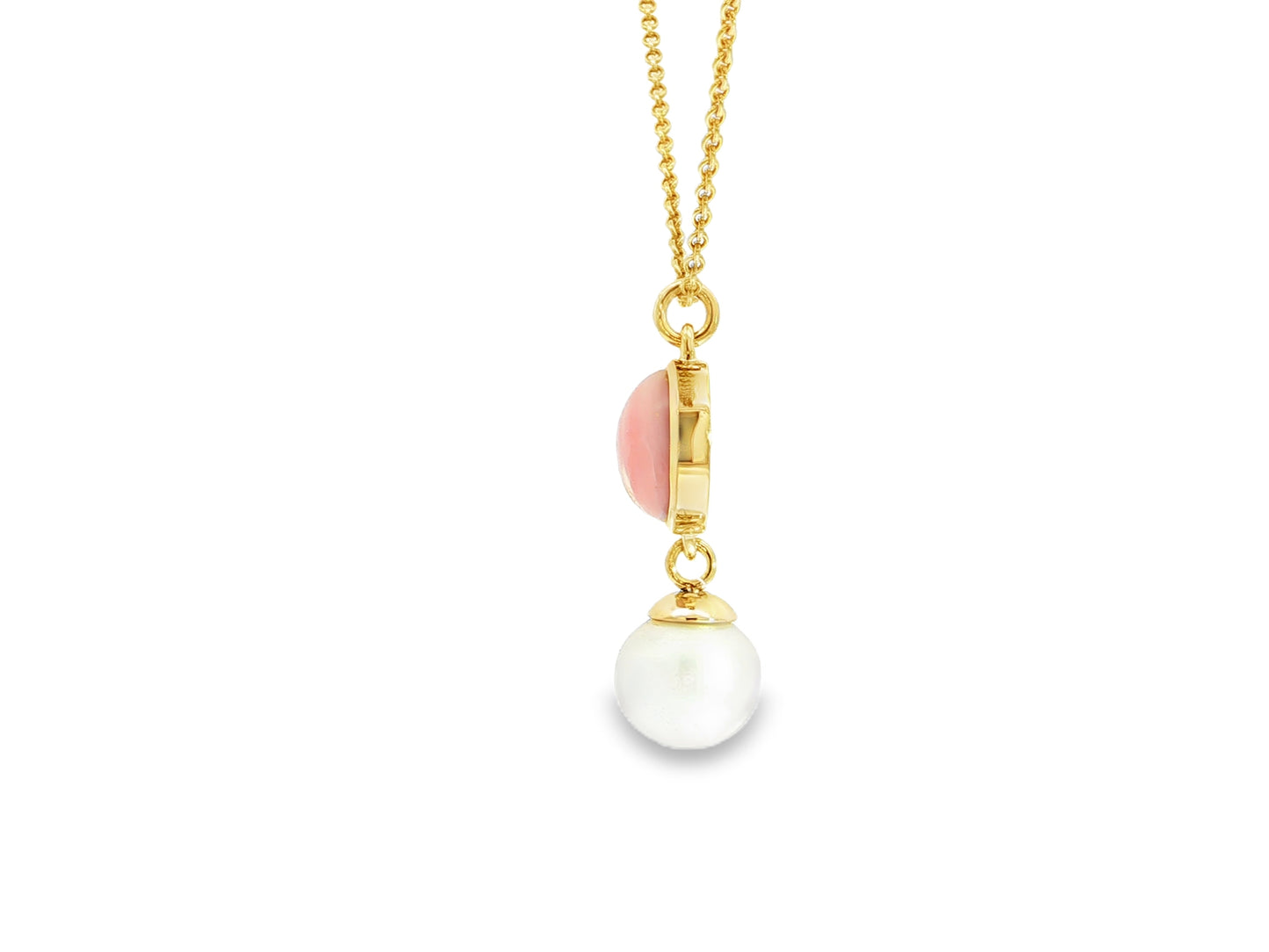 Anhänger mit Pinkopal und Süßwasserperle – 18kt Gelbgold