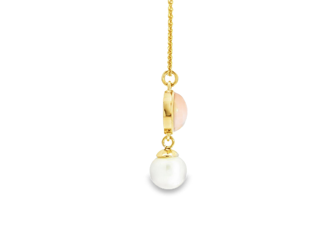 Anhänger mit Pinkopal und Süßwasserperle – 18kt Gelbgold