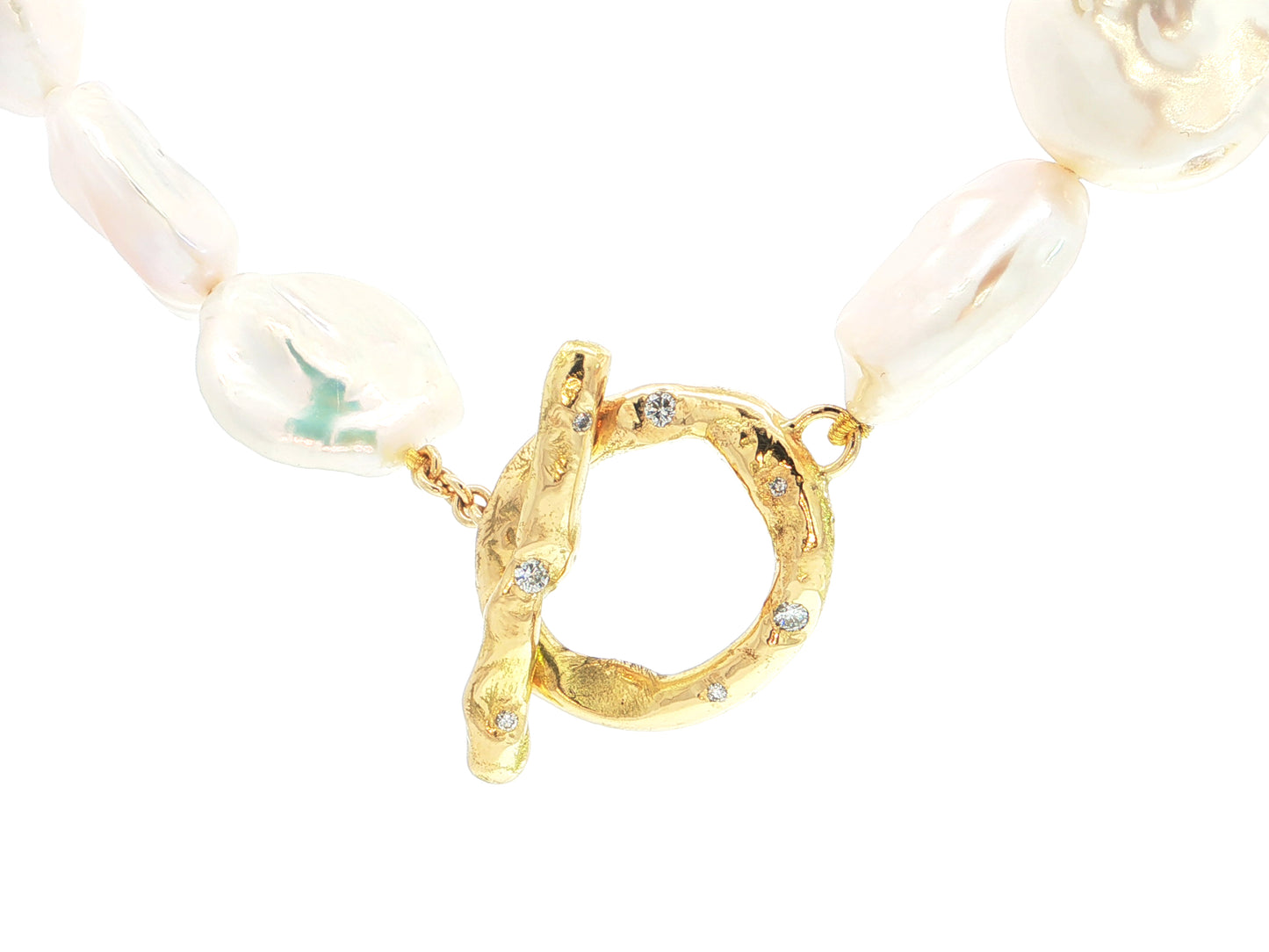 Keshi-Perlenkette mit Designverschluss aus 18kt Gelbgold und Brillanten – organisches Unikat