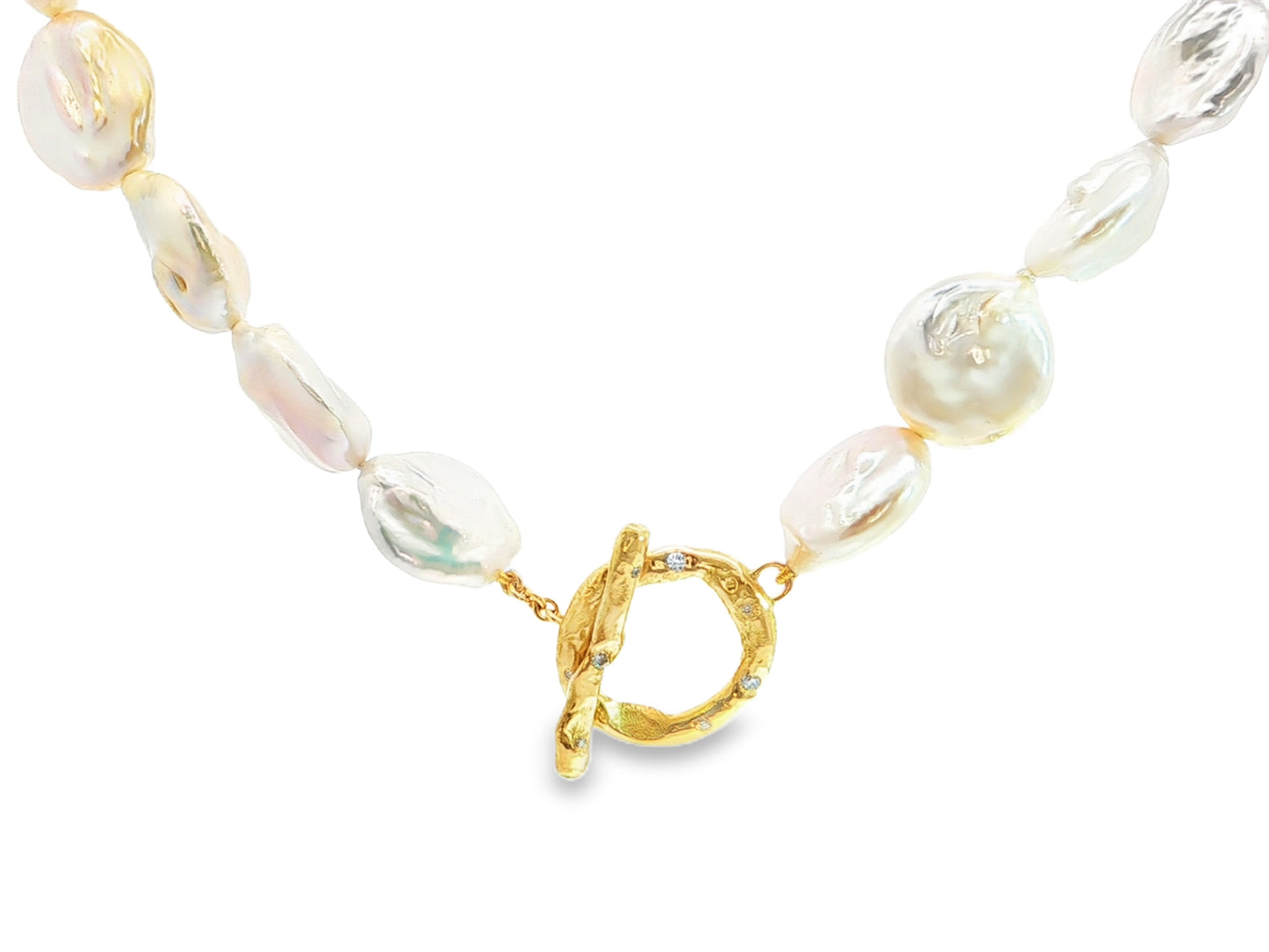 Keshi-Perlenkette mit Designverschluss aus 18kt Gelbgold und Brillanten – organisches Unikat