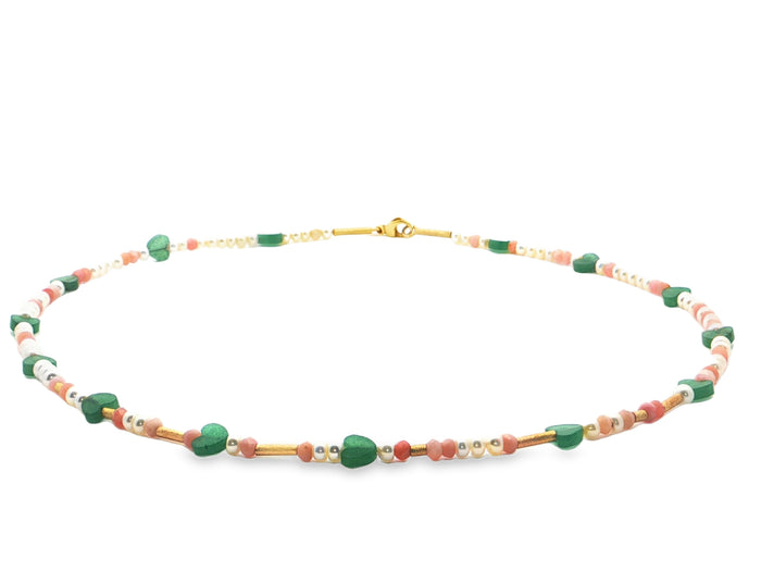 Verspielte Edelstein- und Perlenkette aus 18kt Gelbgold