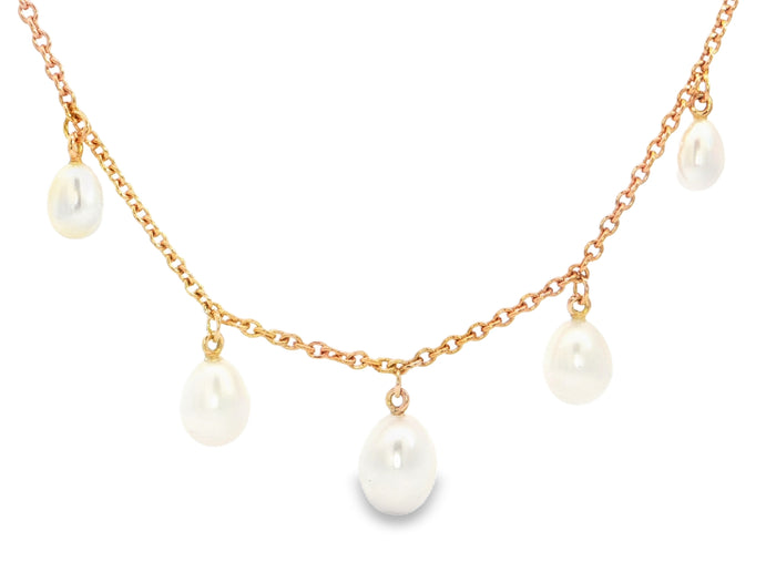 Perlenkette mit fünf Süßwasserperltropfen – 18kt Rotgold