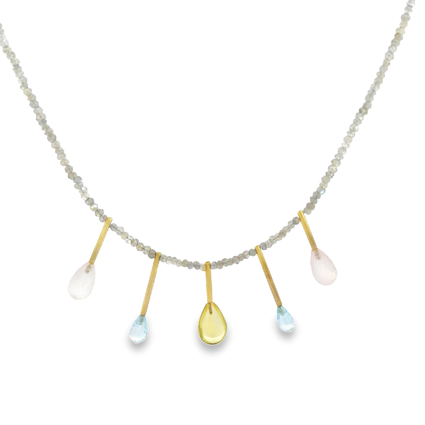 Edelstein-Kette mit Labradorit, Rosenquarz, Topas & Lemonquarz – 18kt Gelbgold