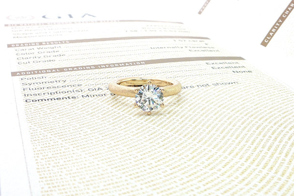 Verlobungsring mit natürlichem Diamant auf einem GIA-Zertifikat — Nachweis von Farbe, Reinheit und Schliff