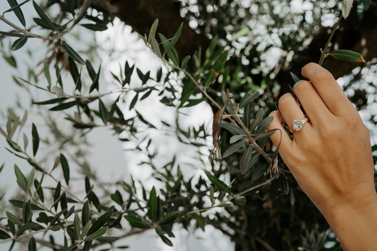 Hand mit Verlobungsring vor Olivenzweigen — Solitärring von Teresa Staub Jewelry