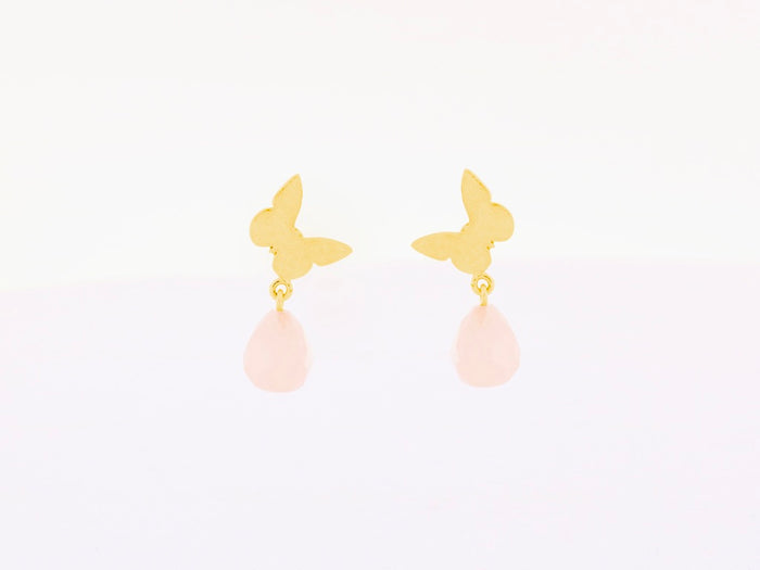 Ohrstecker aus 18kt Gelbgold im Schmetterling-Design mit Rosenquarz