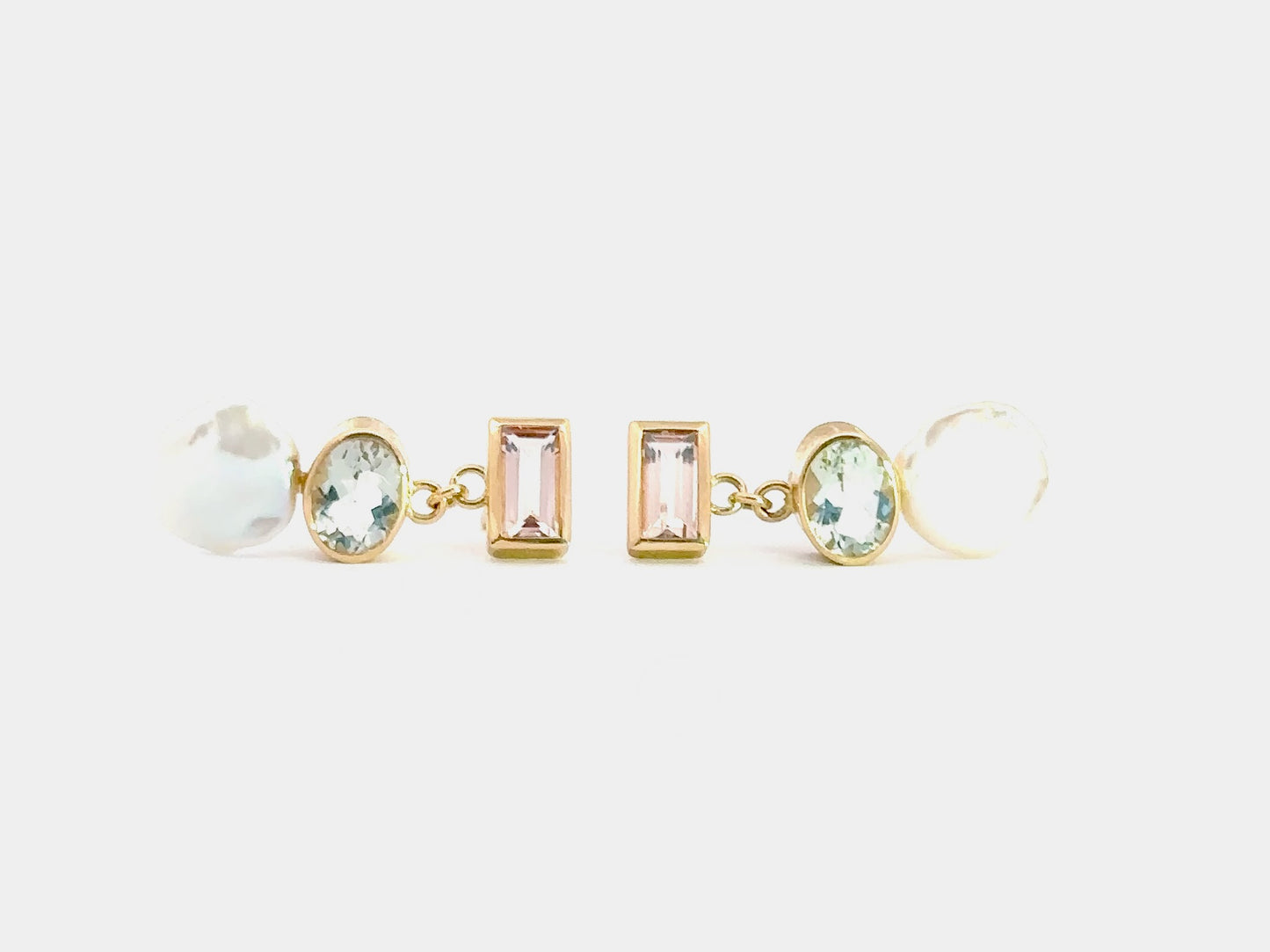 Ohrstecker mit Morganit, Prasiolith; Keshi Perle – 18kt Gelbgold