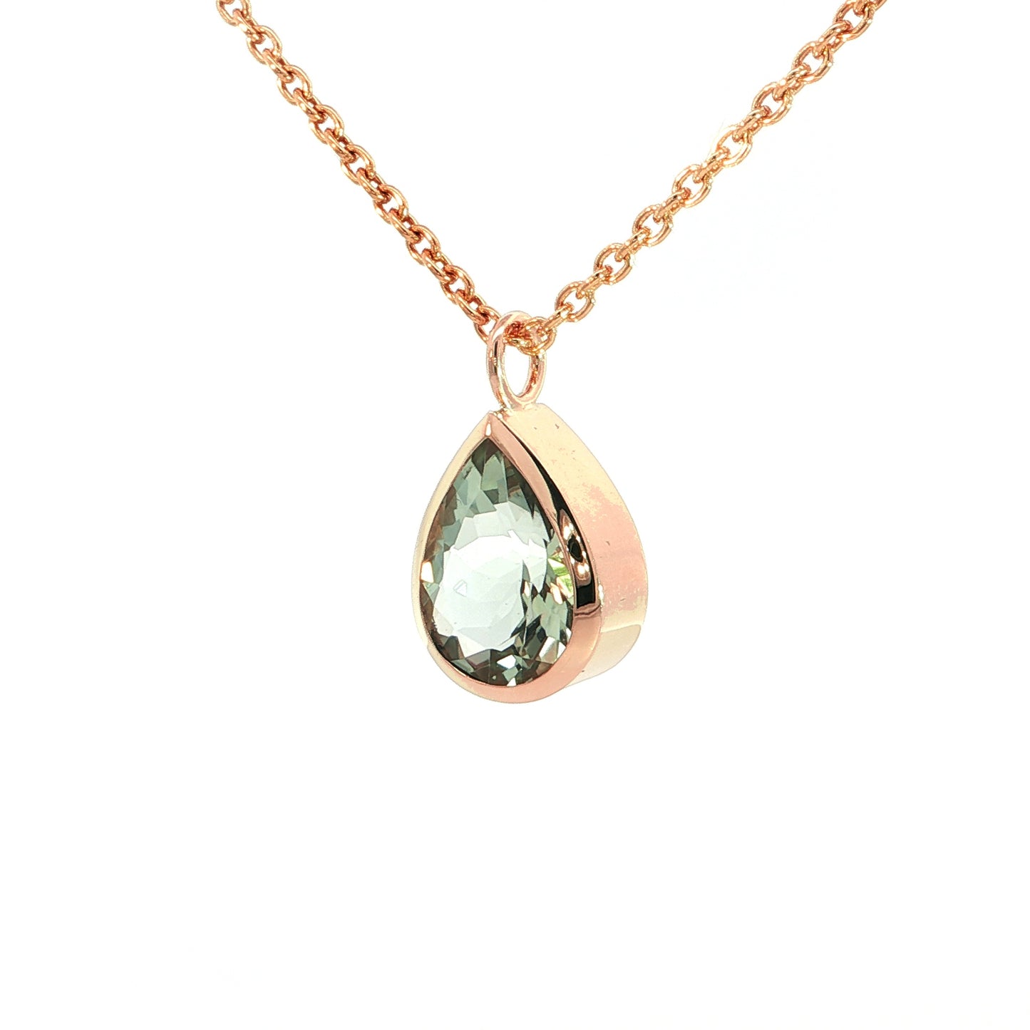 Prasiolith-Tropfen-Anhänger – 18kt Rotgold mit Ankerkette