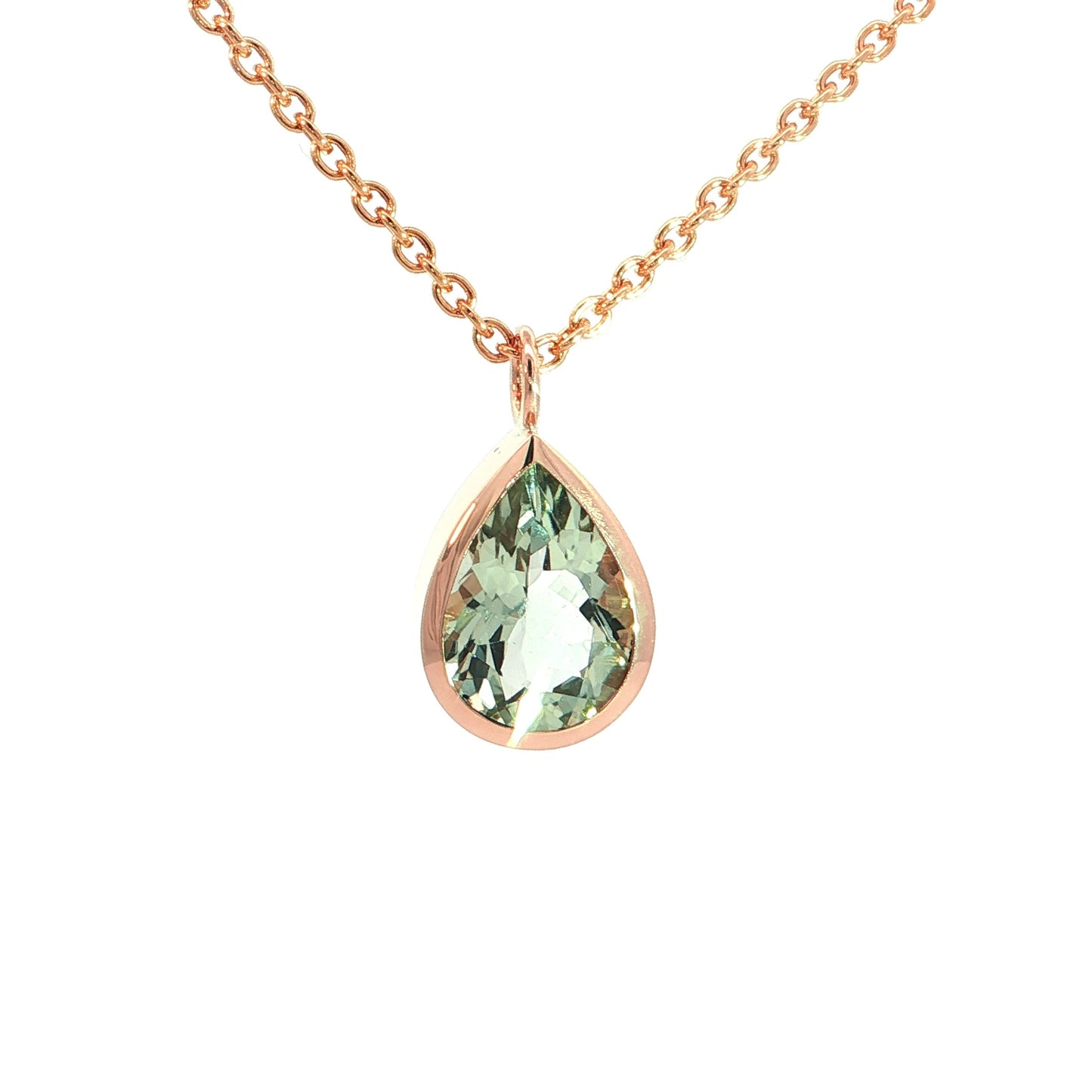 Prasiolith-Tropfen-Anhänger – 18kt Rotgold mit Ankerkette