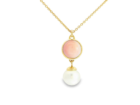 Anhänger mit Pinkopal und Süßwasserperle – 18kt Gelbgold