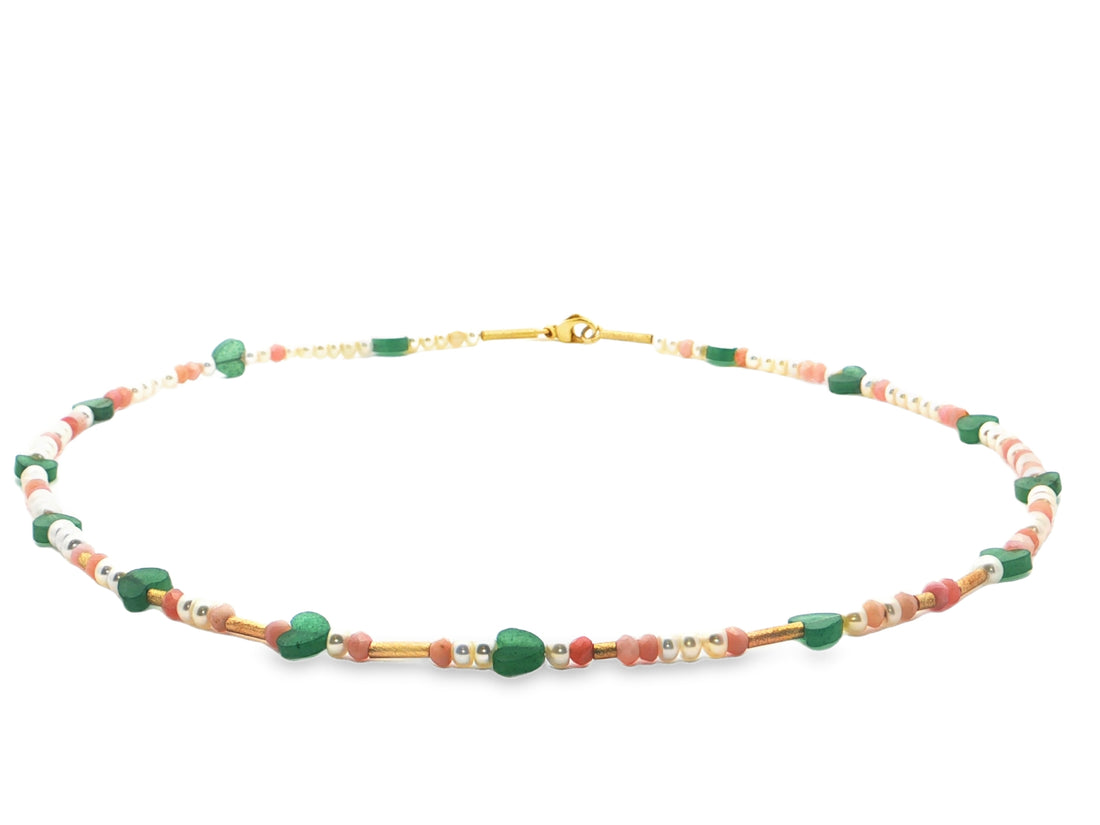 Verspielte Edelstein- und Perlenkette aus 18kt Gelbgold