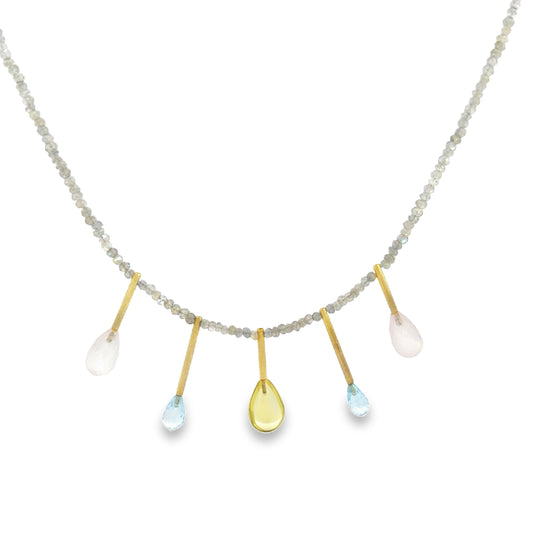 Edelstein-Kette mit Labradorit, Rosenquarz, Topas &amp; Lemonquarz – 18kt Gelbgold