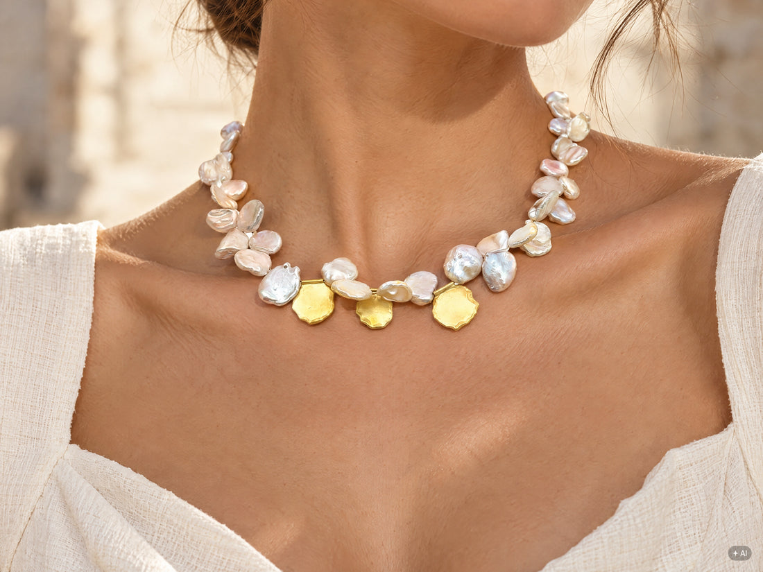 Keshi-Perlenkette mit Goldblättchen – 18kt Gelbgold