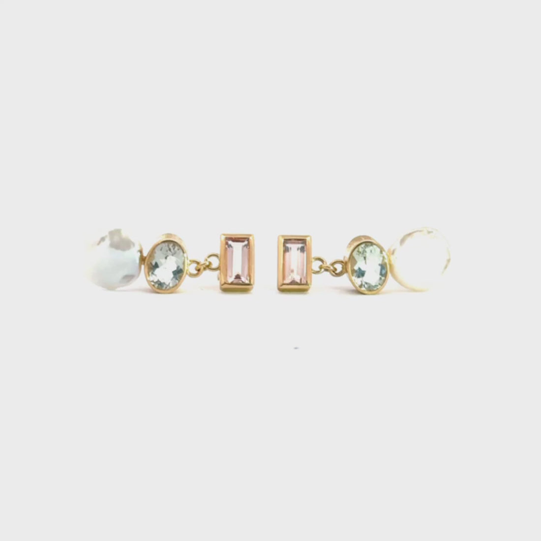Ohrstecker mit Morganit, Prasiolith; Keshi Perle – 18kt Gelbgold
