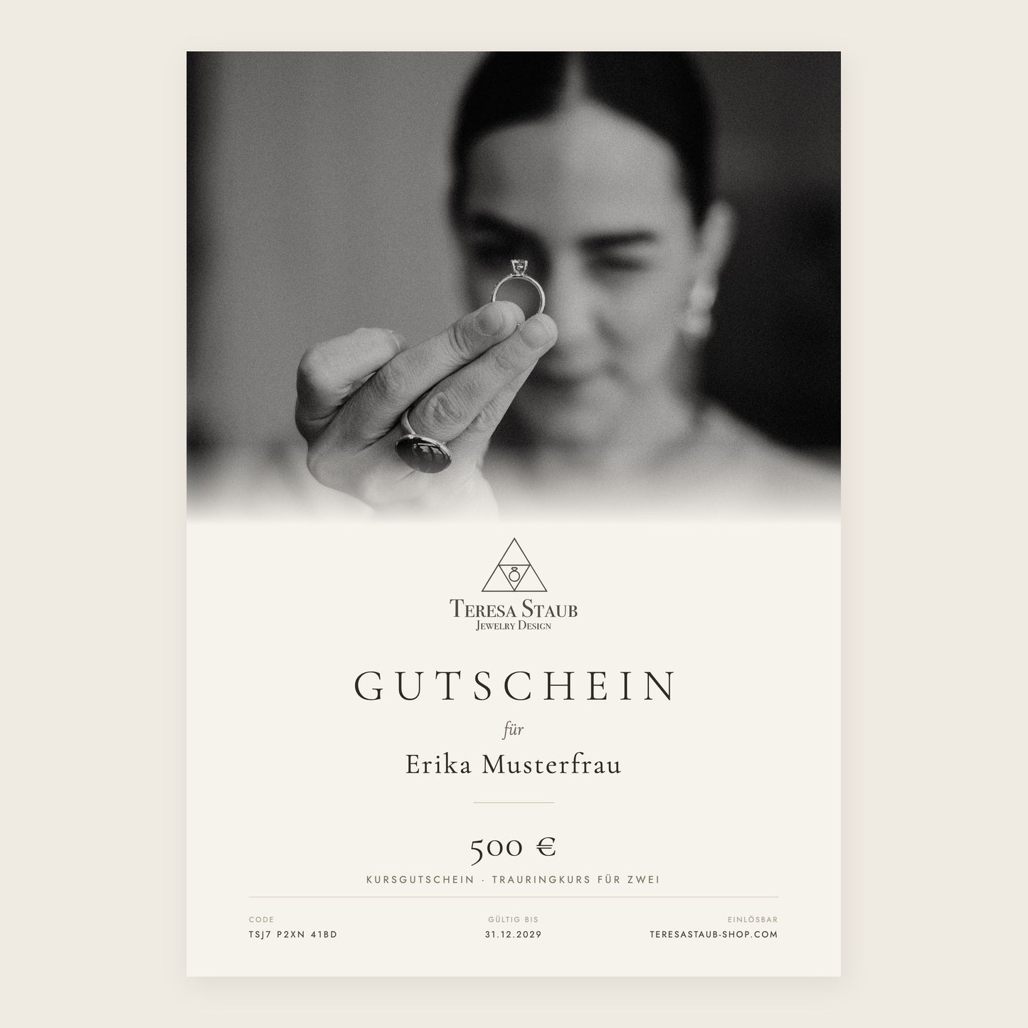 Kursgutschein von Teresa Staub Jewelry für einen Goldschmiedekurs im Atelier in Merzig