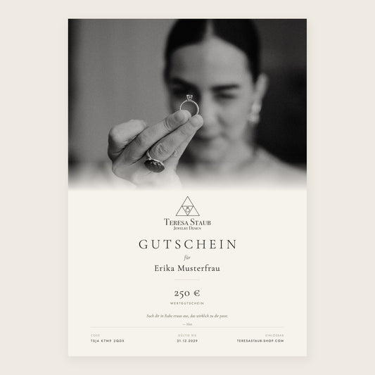 Gutschein von Teresa Staub Jewelry — Wertgutschein für handgefertigten Schmuck, digital oder gedruckt